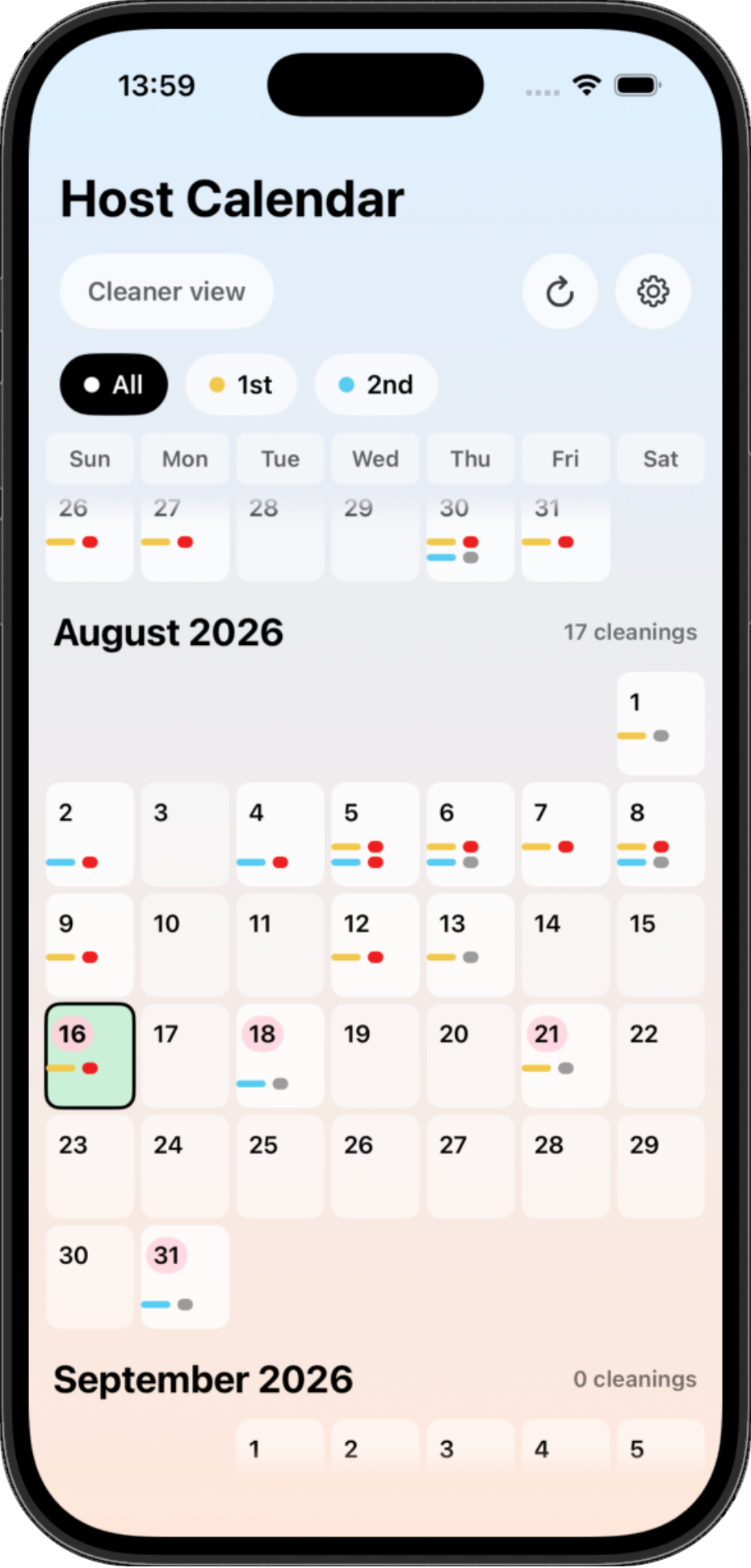 Cleaner calendar view with cleaning days only
