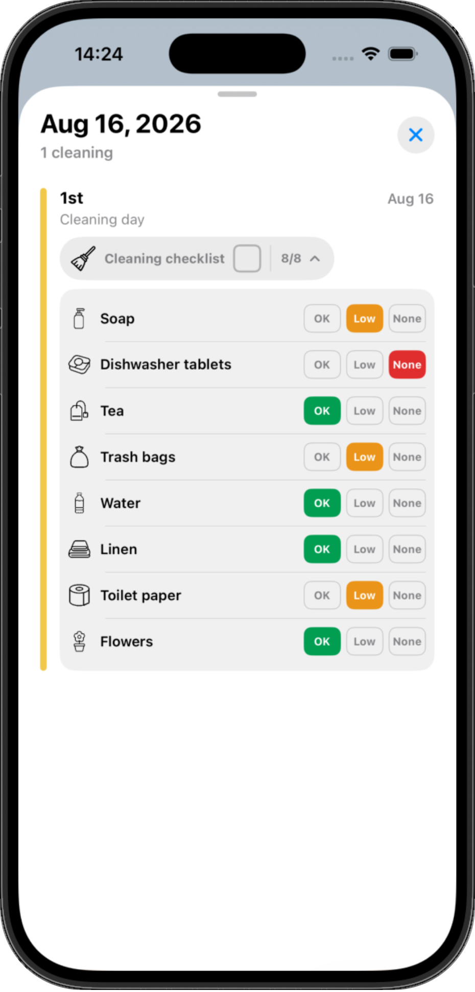 Cleaning checklist with supply status buttons