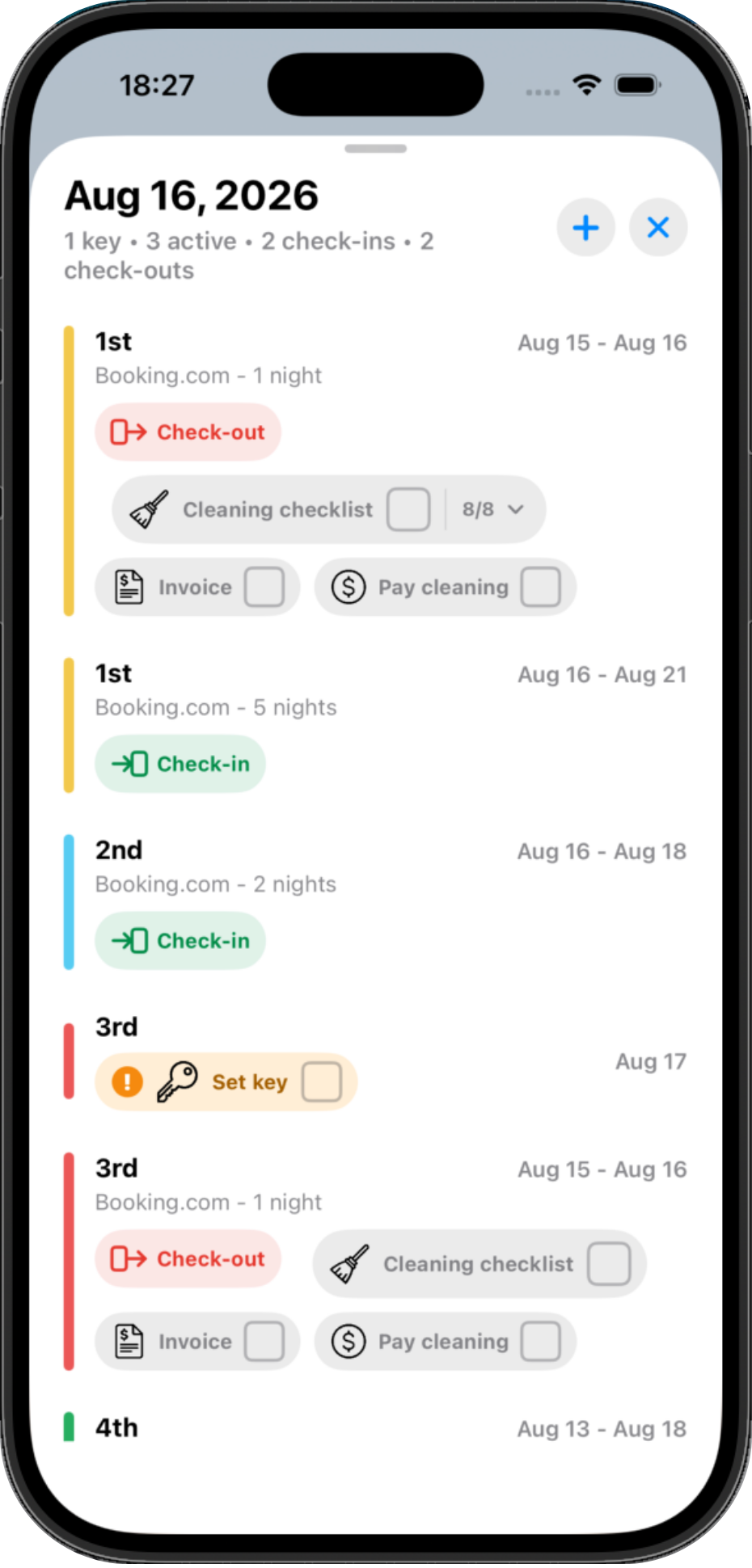 Host Calendar day view with cleanings, key handovers, invoices, and tasks