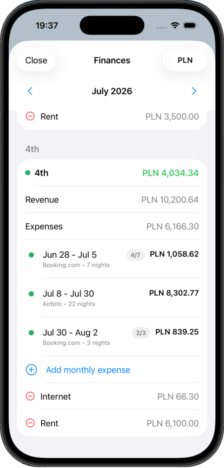 Host Calendar finance screen with revenue and expenses