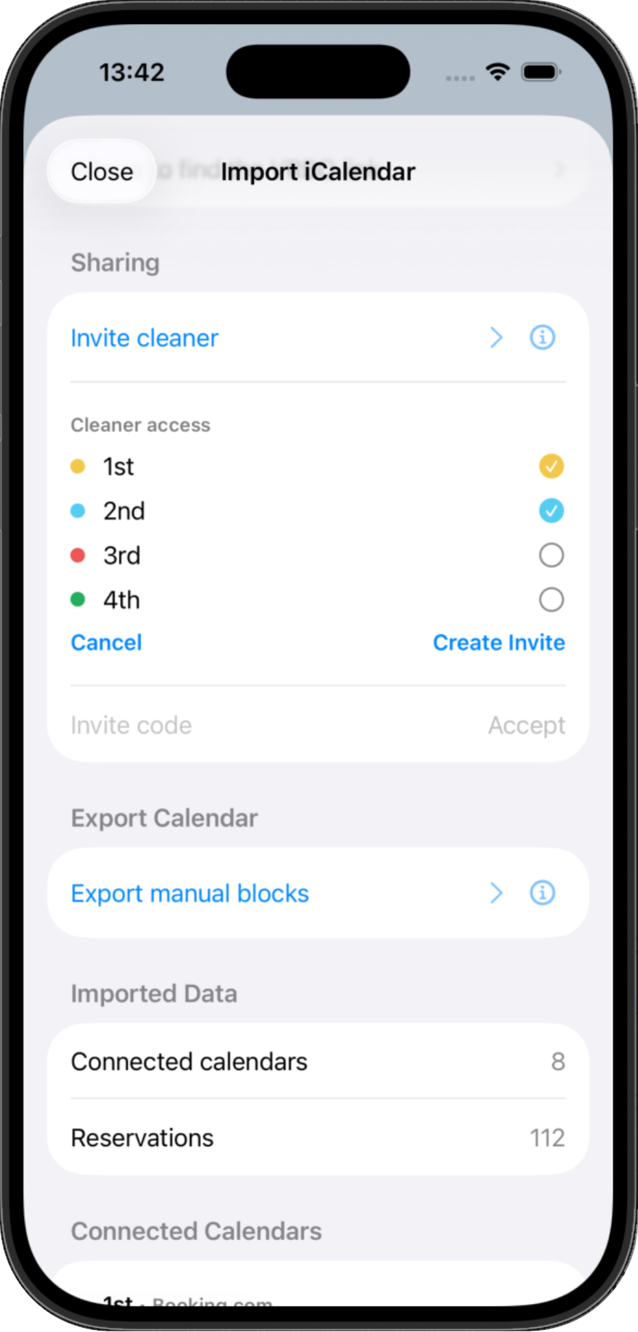 Invite cleaner screen with selected property access