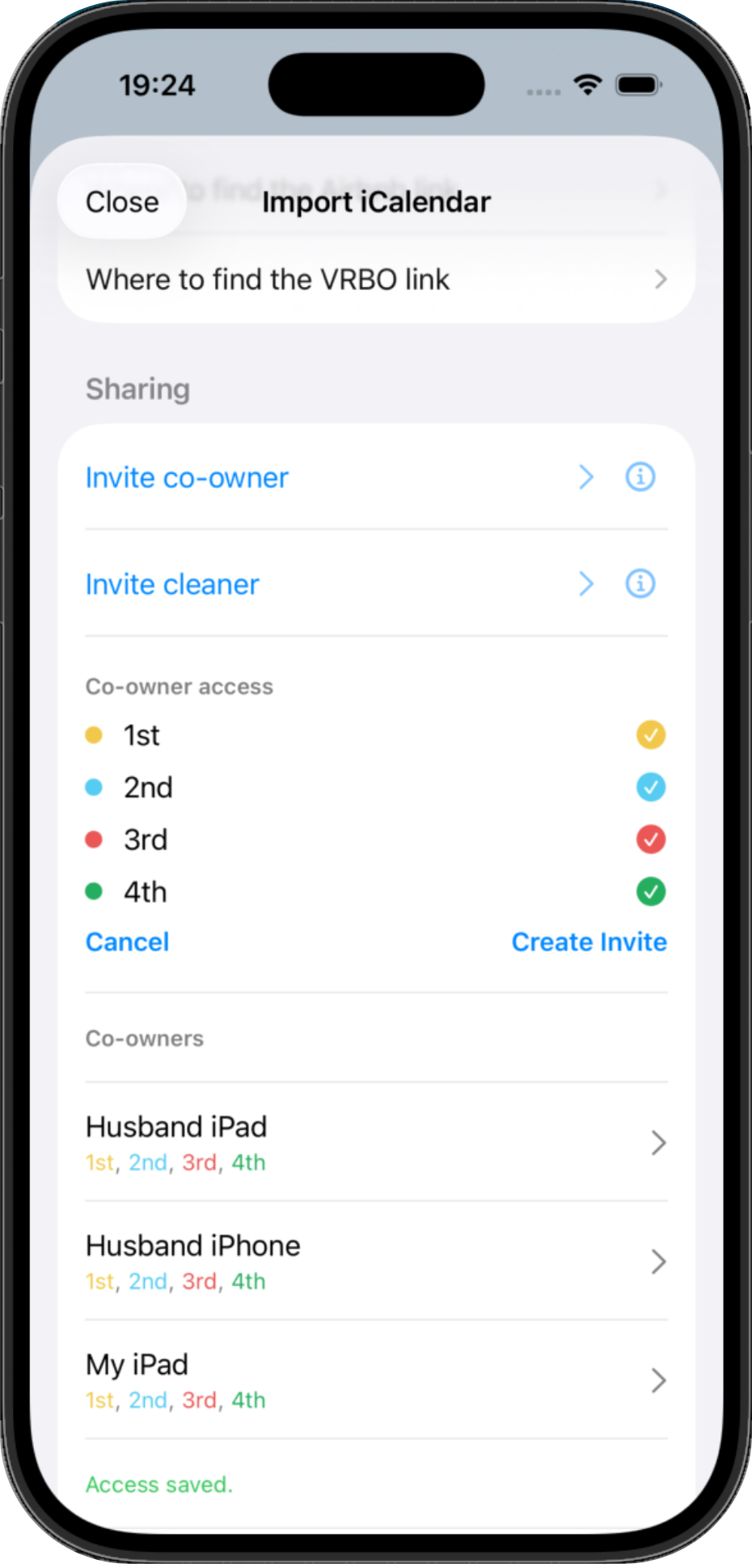 Sharing access settings for co-owners and cleaners