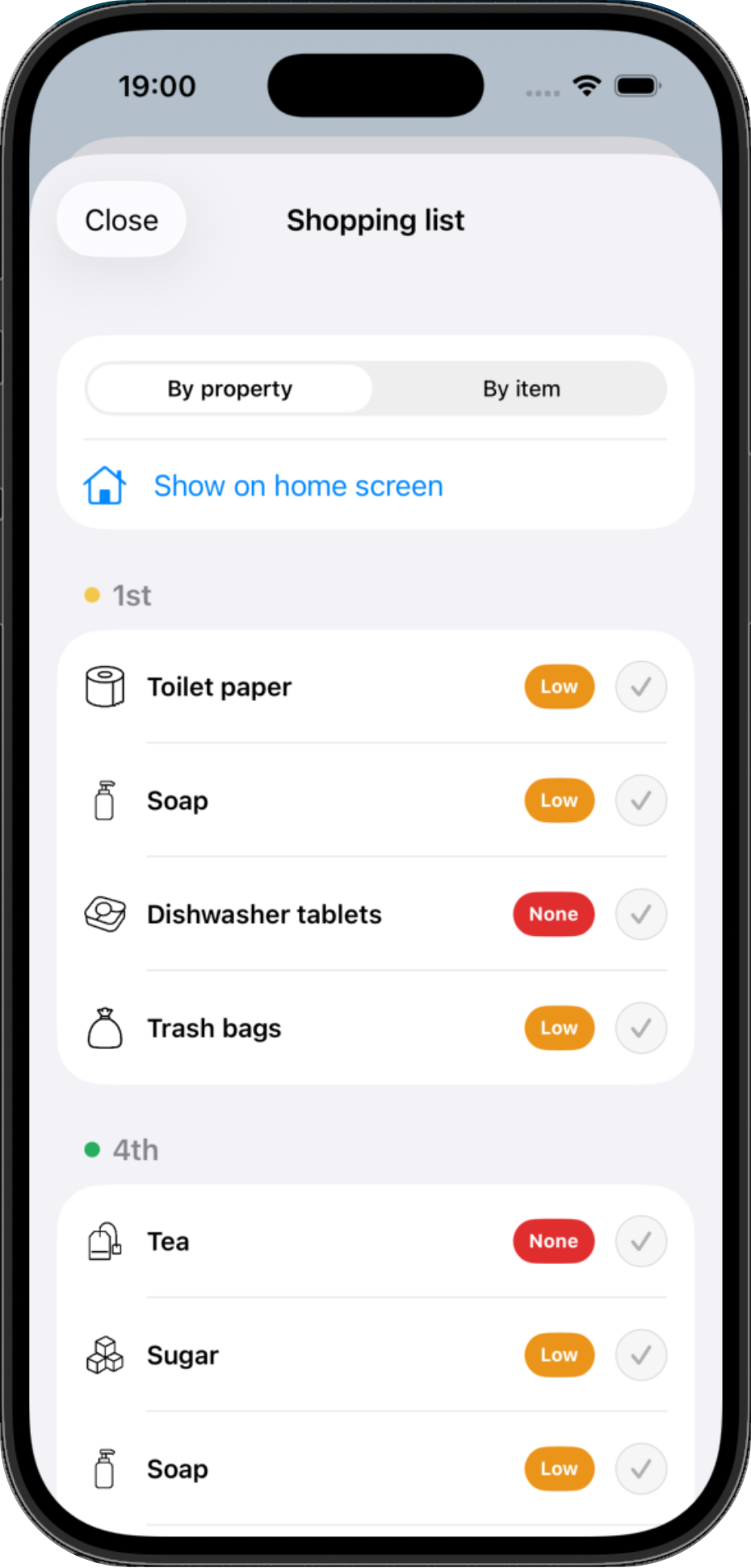 Shopping list grouped by property