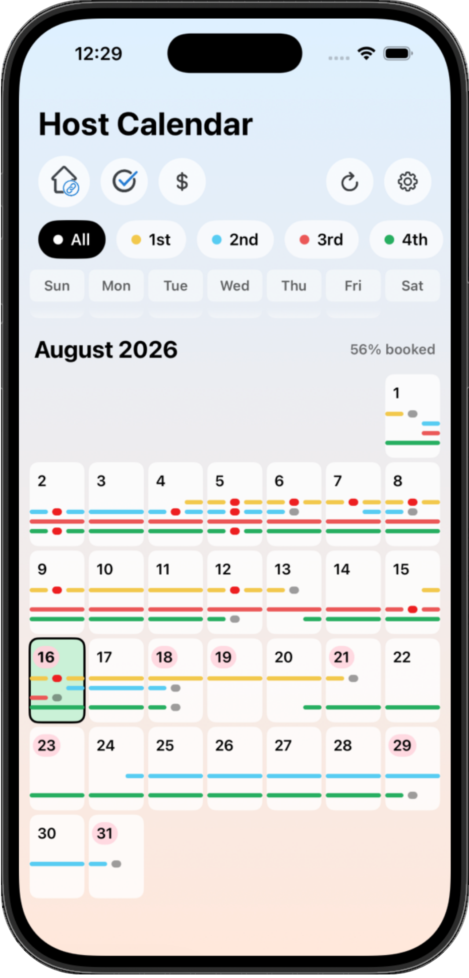 Host Calendar monthly view with reservations and task markers