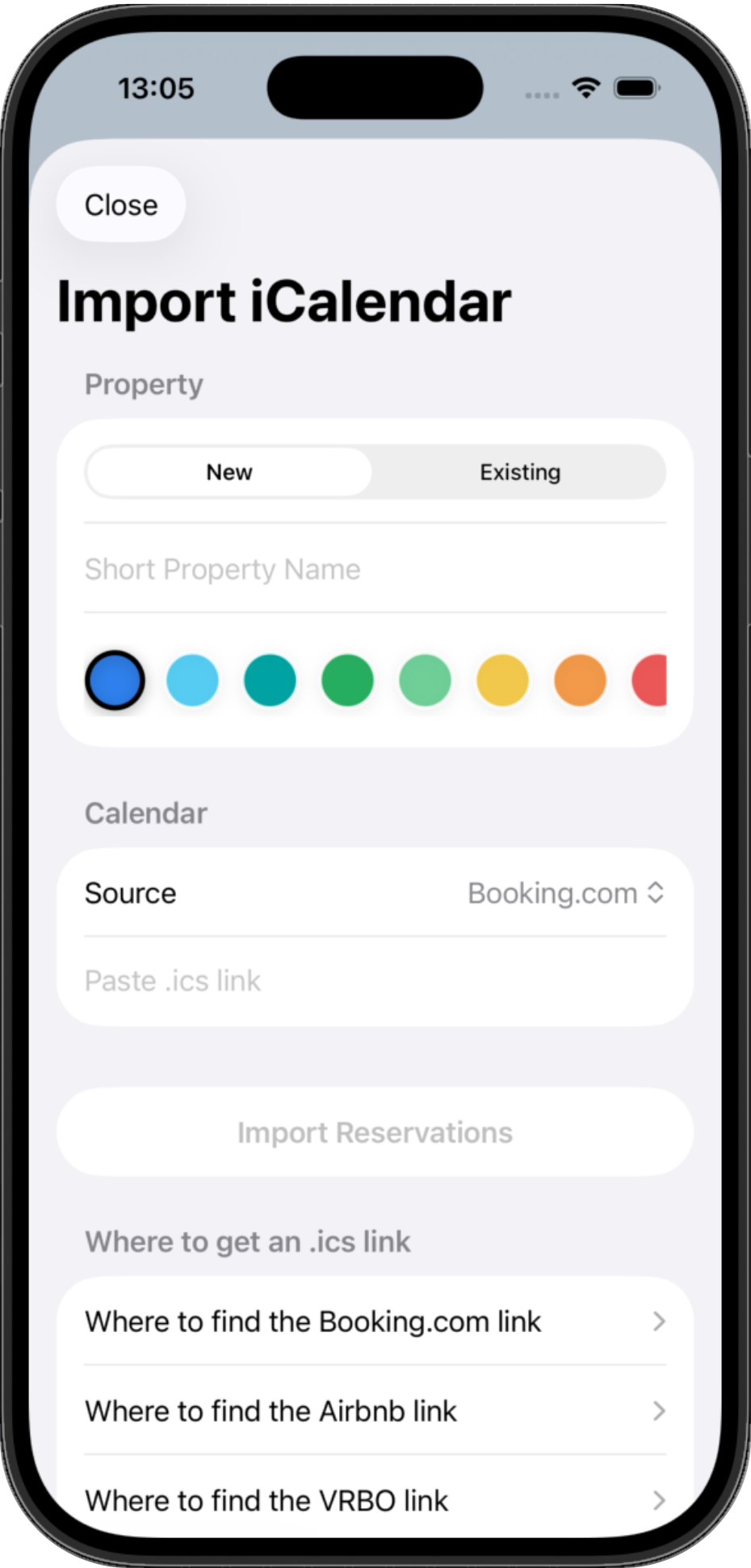 Import iCalendar screen for Airbnb, Booking.com, Vrbo, and other iCalendar sources
